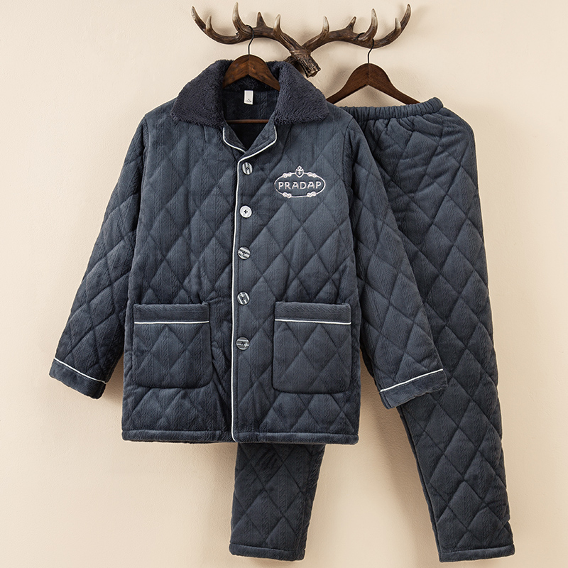 秋冬季男士法兰绒睡衣三层加绒加厚保暖珊瑚绒夹棉家居服套装