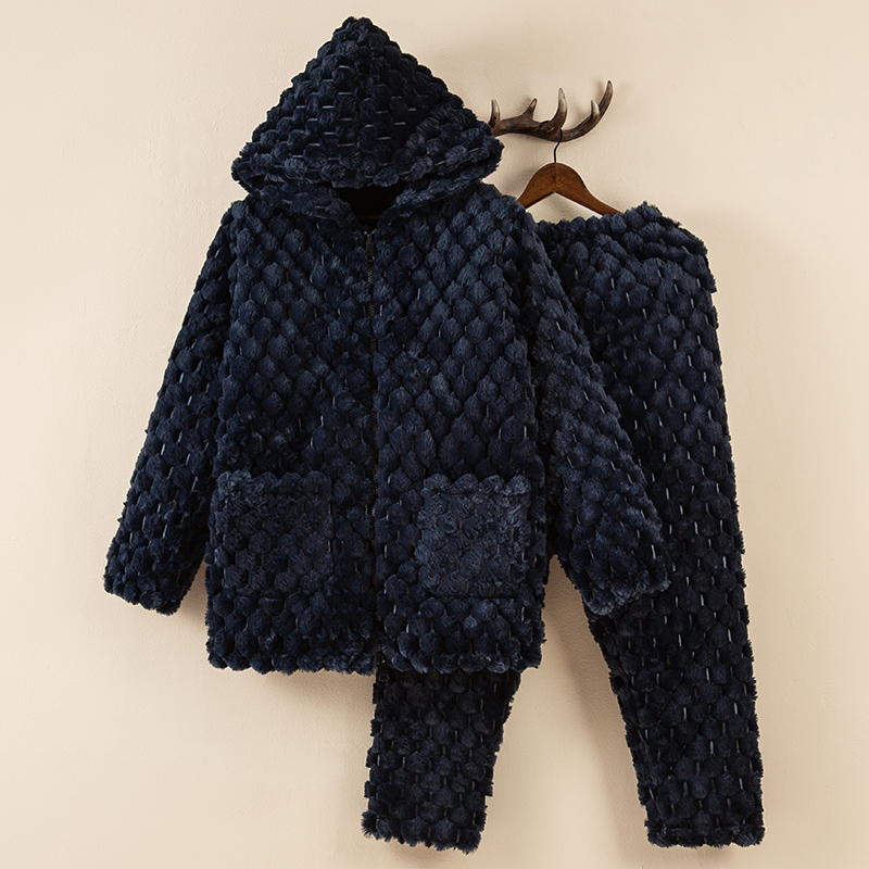 秋冬季男士法兰绒睡衣三层加绒加厚保暖夹棉拉链带帽家居服套装