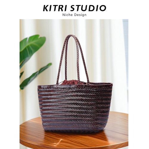 KITRI手工牛皮编织包真皮单肩手提包法式复古菜篮子大容量托特包
