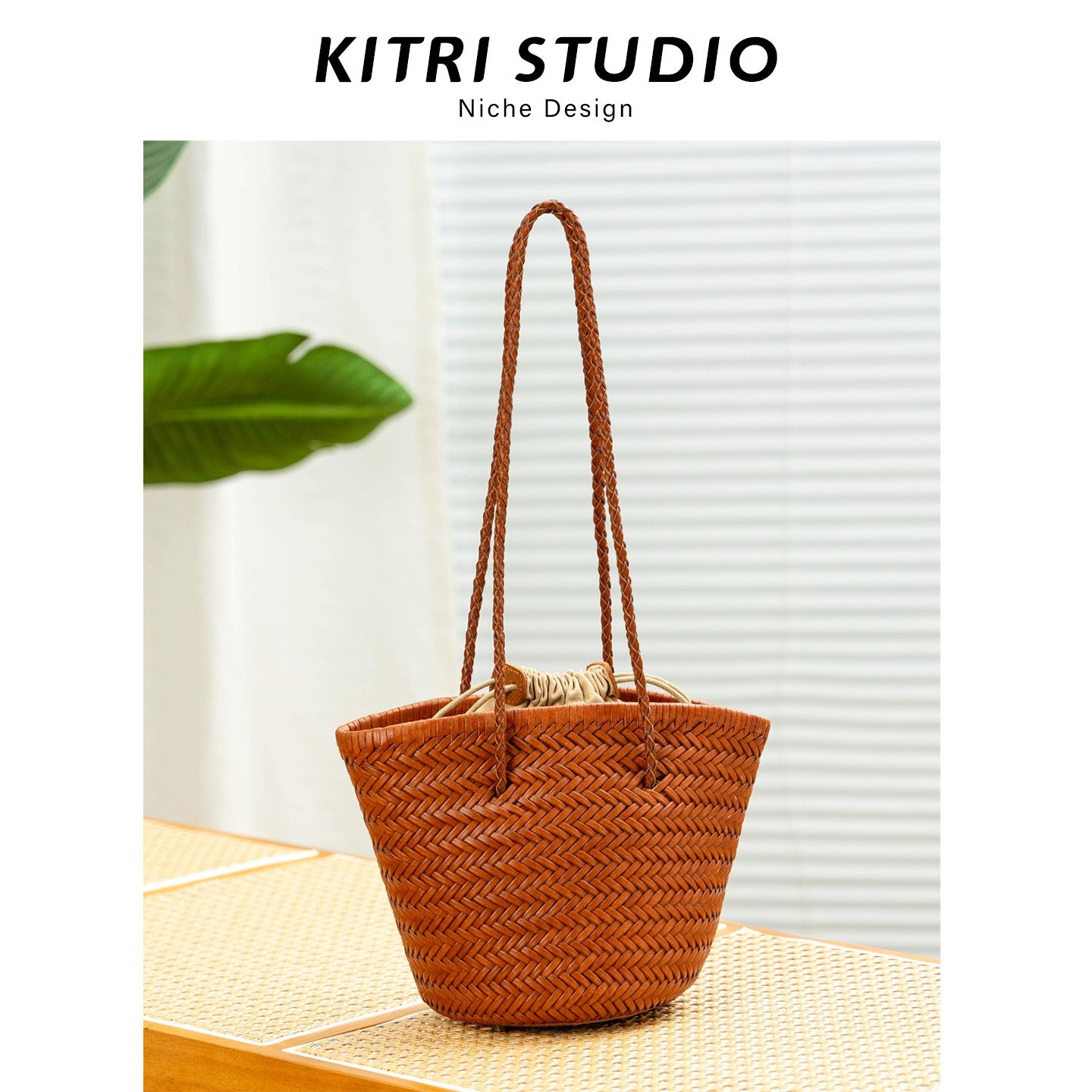 KITRI纯手工编织包真皮水桶包斜挎包法式复古菜篮子单肩腋下包图片