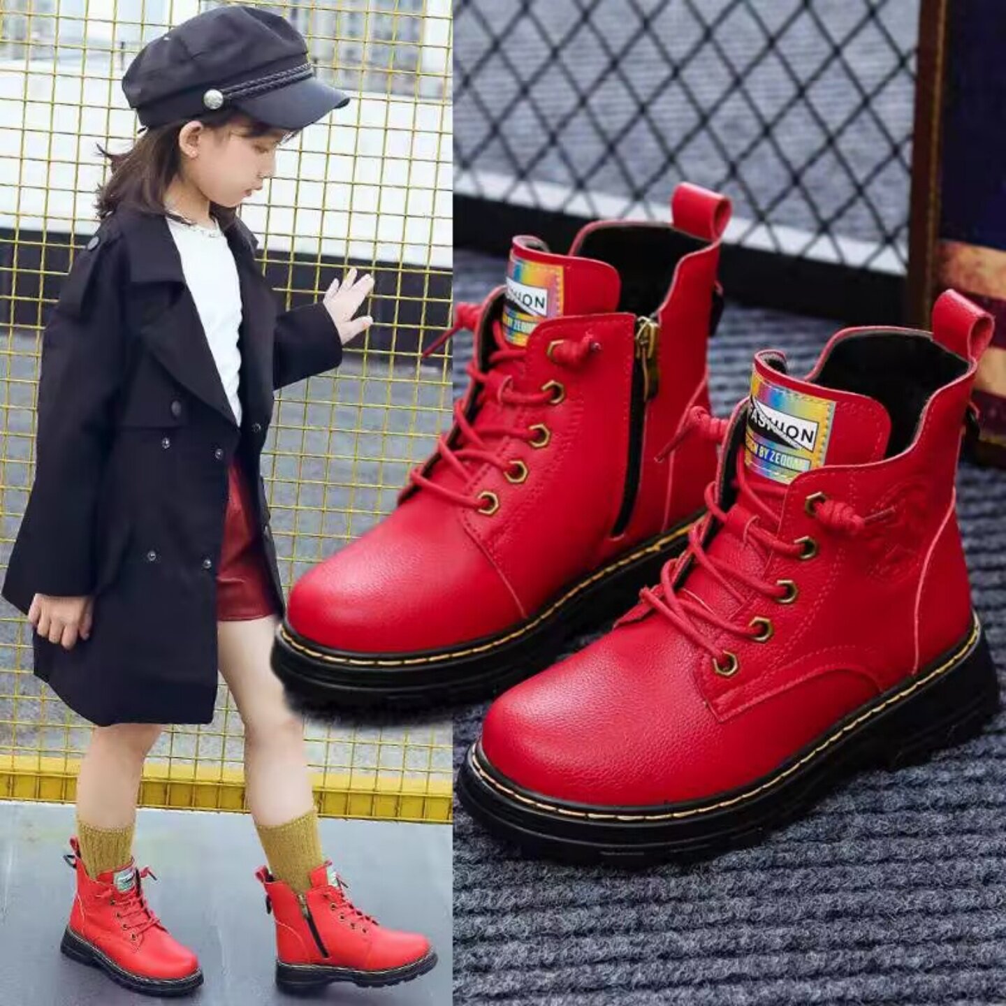 女童红色真皮马丁靴2025秋冬新款儿童加绒短靴男童宝宝时尚靴子潮