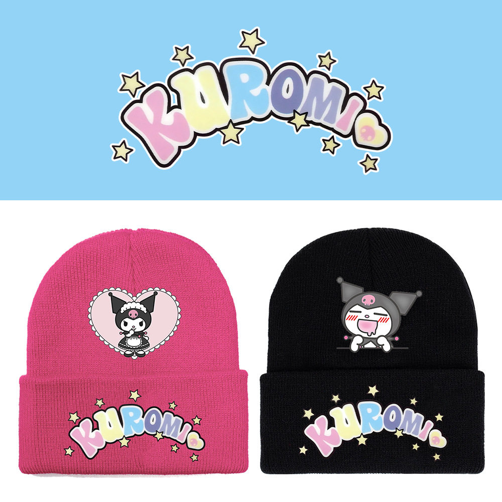 kuromi库洛米韩版日系女包头帽子春秋简约彩色保暖毛线冷帽