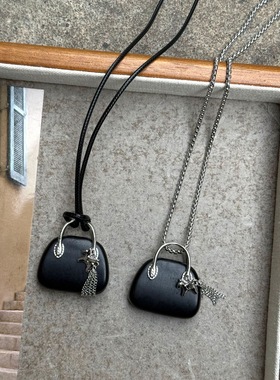 韩国博主同款木头包包小马流苏项链黑绳抽拉ins风时尚百搭毛衣链