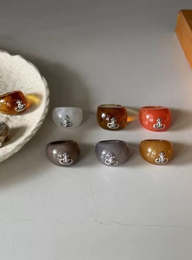 博主同款土星戒指复古轻奢高级感小众设计琥珀色食指宽面指环