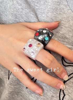欧美ins晕染彩色镶钻方形几何树脂戒指指环个性潮流原创设计新款