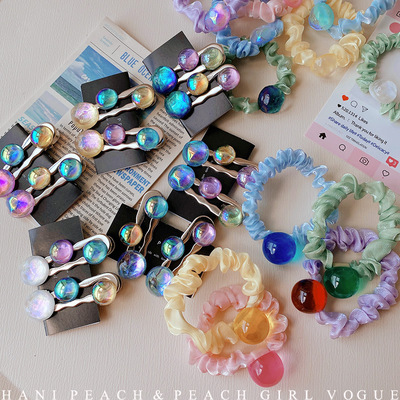 HD7137韩版珠光珠子发夹发圈对夹侧边刘海夹扎发低马尾头绳少女心