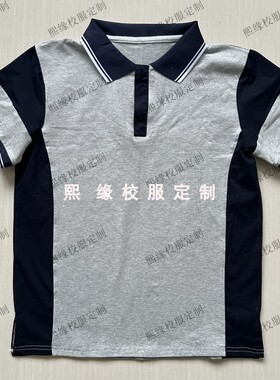 定制夏季校服半袖上衣灰色拼接藏蓝色翻领条纹短袖T恤初高中小学