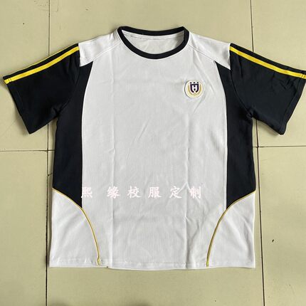 定制广州华美英语实验学校夏季校服半袖藏蓝拼接白色黄细条双黄杠
