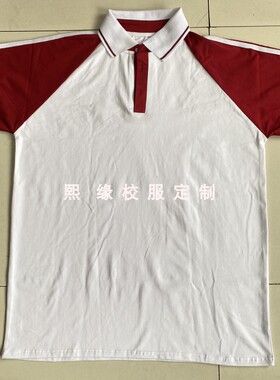 定制西安市曲江中学夏季校服半袖上衣白色拼接红色一道杠短袖T恤