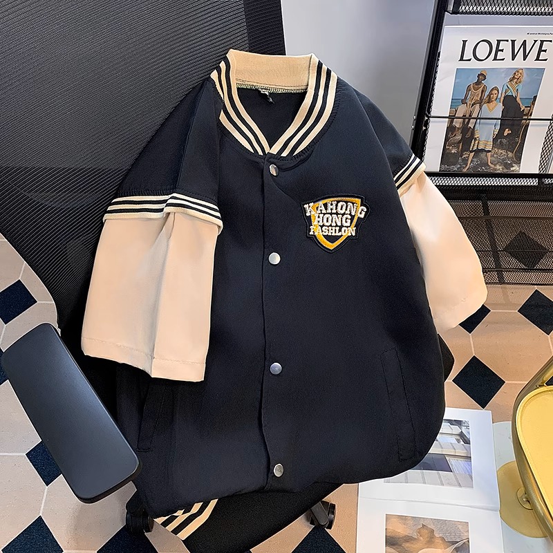 日系薄款拼接条纹短袖棒球服衬衫
