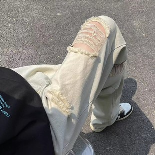 潮牌百搭宽松黄泥染直筒长裤 破洞牛仔裤 高街做旧夏季 男女款 男 美式