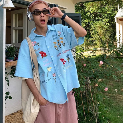 华夫格短袖衬衫男生夏季花卉刺绣日系复古慵懒风衬衣vintage外套
