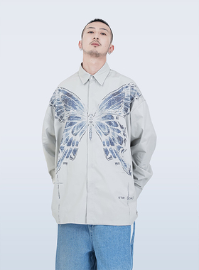 STR:OVERSIZE SHIRT/设计师手绘款 「蝴蝶」主题唯美印花宽松衬衫