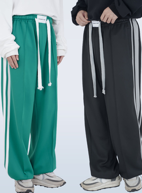 STR:PANTS/同面料条纹撞色拼接 宽腰绳配色系男女宽松运动休闲裤