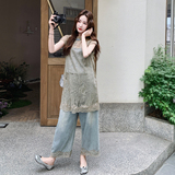 盐甜系穿搭蕾丝上衣套装女2025夏新款小个子休闲显瘦牛仔裤两件套，女装套装/套裙，2D006