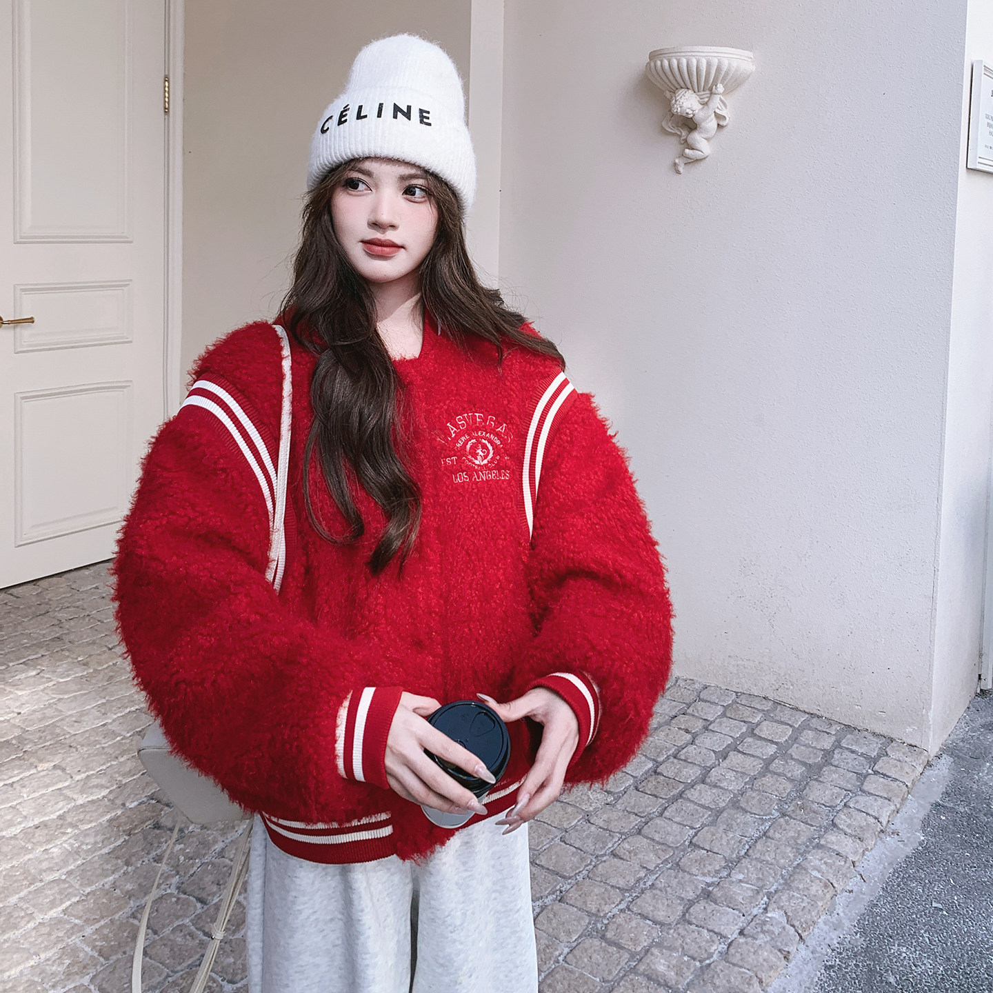 7350圣诞红羊羔毛夹棉加厚棒球服外套P245控368,女装短外套,2D006