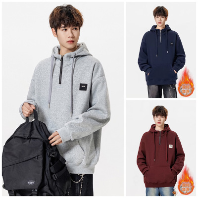 青少年加绒半拉链卫衣男孩初中高中生学生秋冬季加厚保暖连帽内搭