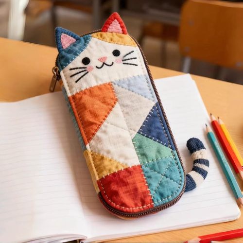 布艺拼接小猫咪可爱大容量笔袋