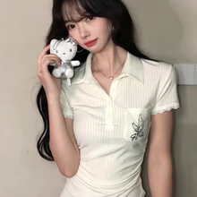 莫代尔美式辣妹风刺绣短袖t恤女夏季设计感修身百搭透气ins风上衣