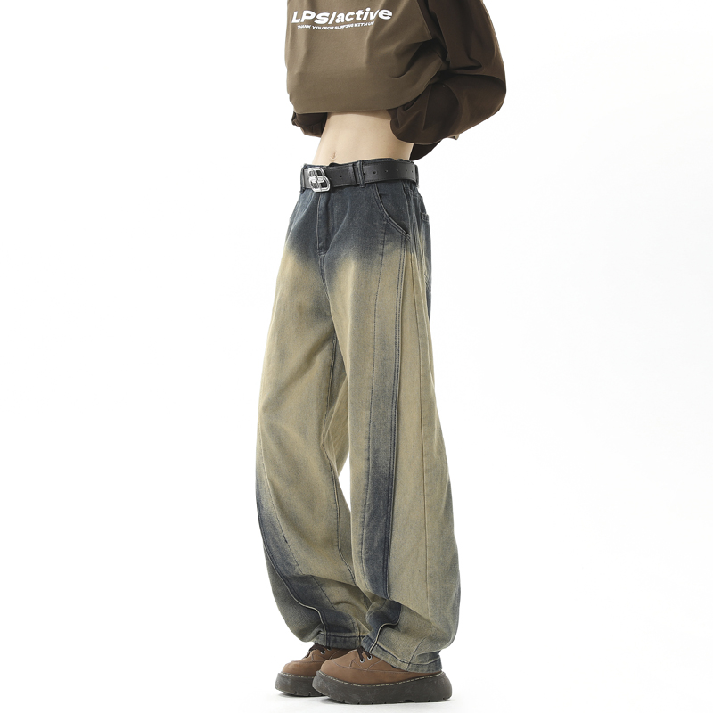 2025新款高质量龙叨叨同款水洗黄泥阔腿宽松弯刀牛仔裤