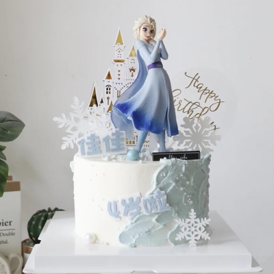 新款爱莎公主摆件大号迪士尼艾莎蛋糕装饰城堡雪花摩天轮插旗件卡