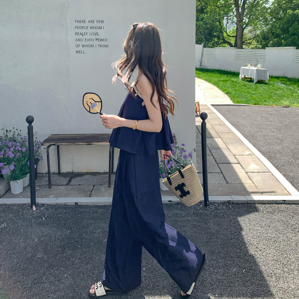 藏蓝色设计感抹胸吊带上衣阔腿裤套装两件套女夏季韩系纯欲风穿搭