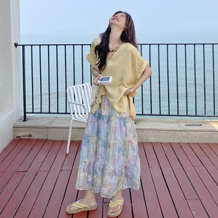 莫奈花园彩色印花半身裙不规则衬衫 甜美风 上衣套装 两件套女夏法式