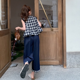 韓系撞色格子上衣牛仔闊腿褲 俏皮甜酷減齡一整套 兩件套女夏季 套裝