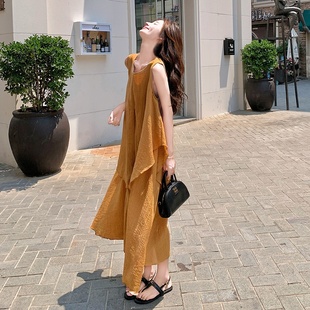 黃色肌理感不規則背心連衣裙女夏季 溫柔系氣質減齡假兩件長裙 法式