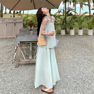 薄荷浅绿色木耳边吊带上衣半身裙套装 温柔风甜美 两件套女夏季 法式