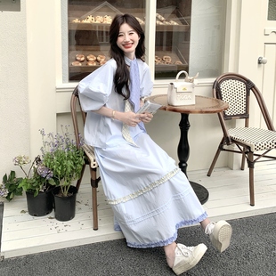 蓝色甜美减龄泡泡袖 温柔系 上衣半身裙撞色腰带套装 三件套女夏法式