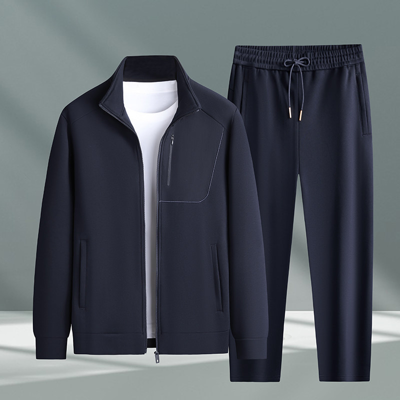 秋季2025新款男士休闲运动加肥加大套装立领夹克外套+长裤两件套