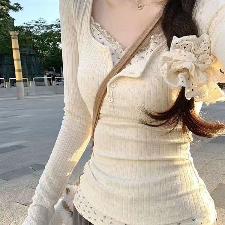 甜美碎花蕾丝花边长袖假两件纯欲bm风t恤显瘦春秋季女上衣打底衫