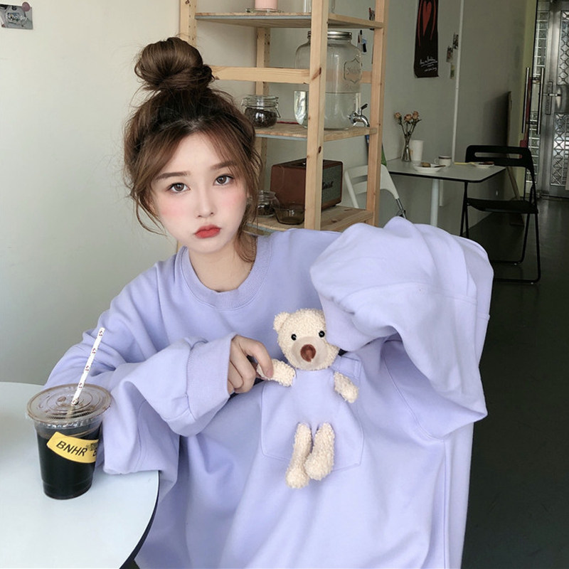 小熊卫衣女宽松春秋薄款2021新款慵懒风纯色款上衣外套网红ins潮