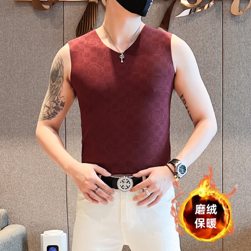 男士秋冬保暖背心压花德绒无痕打底发热男款加绒打底抗菌修身上衣图片
