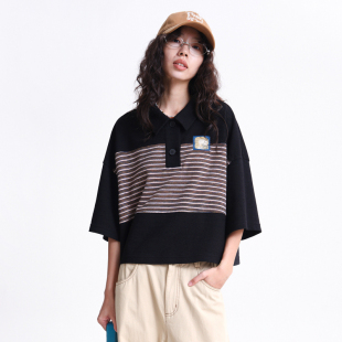 T恤女 .FUN系列翻领织唛条纹半开门筒短款 MOVEUP幻走2026春季 新款
