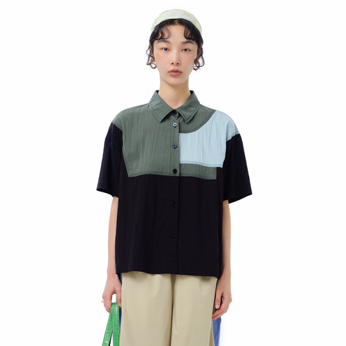 MOVEUP幻走2025夏季新款.FUN系列撞色拼接设计师休闲短款衬衫女