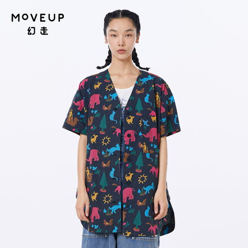 MOVEUP幻走2023夏季新款.FUN系列 V领纯棉印花设计师中长款衬衫女