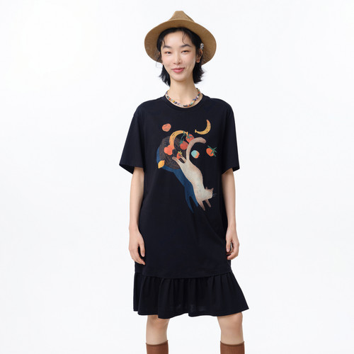 MOVEUP幻走2025夏季新款.FUN系列纯棉印花碎褶裙摆针织连衣裙