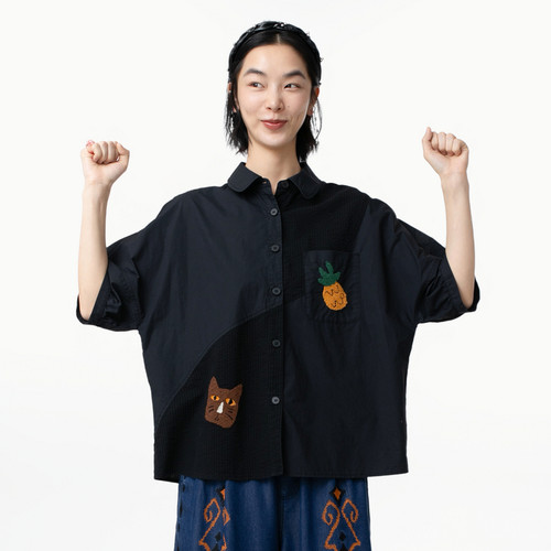 MOVEUP幻走2025夏季新款.FUN系列纯棉趣味绣花碎褶短款衬衫女