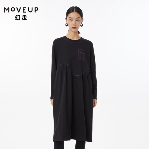 MOVEUP幻走2022秋季新款.FUN 圆领撞色绣花设计师针织连衣裙
