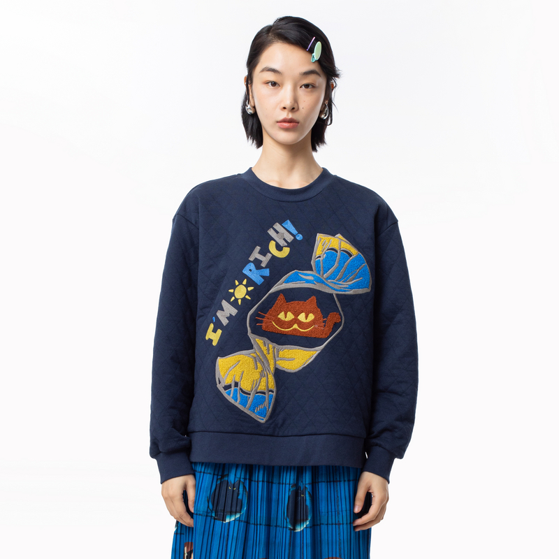 MOVEUP幻走2024冬季新款.FUN系列罗纹圆领毛巾绣设计短款套头衫女