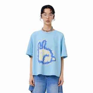 MOVEUP幻走2025夏季新款.FUN系列纯棉圆领炸毛兔印花短款T恤女