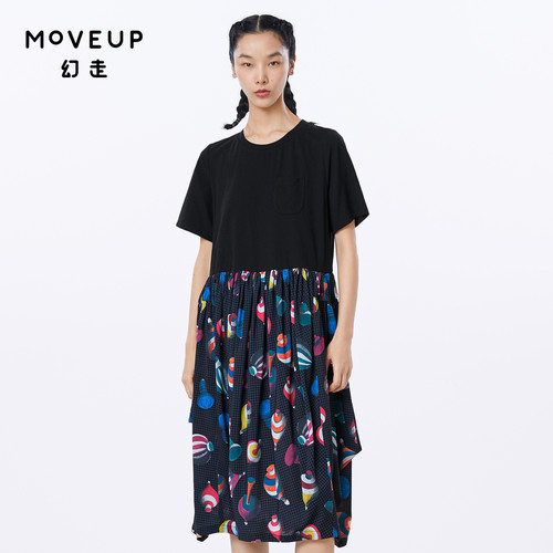 MOVEUP幻走2023夏季新款.FUN系列 圆领撞布印花设计师针织连衣裙
