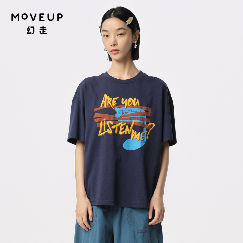 MOVEUP幻走2024夏季新款.FUN系列可爱印花设计师纯棉短款T恤女