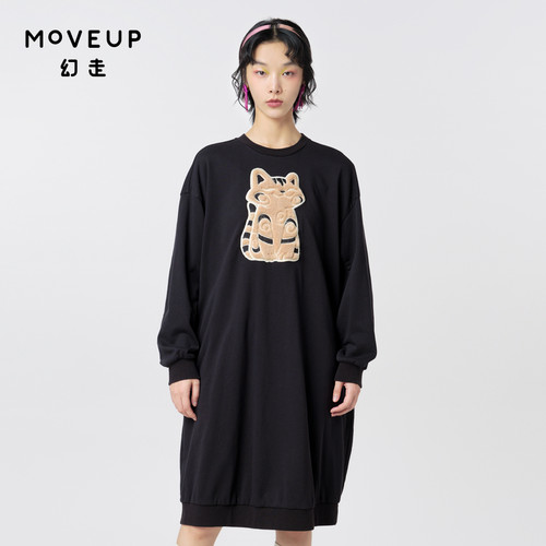 MOVEUP幻走2023秋季新款.FUN系列拼接绣花口袋设计师中长款卫衣女
