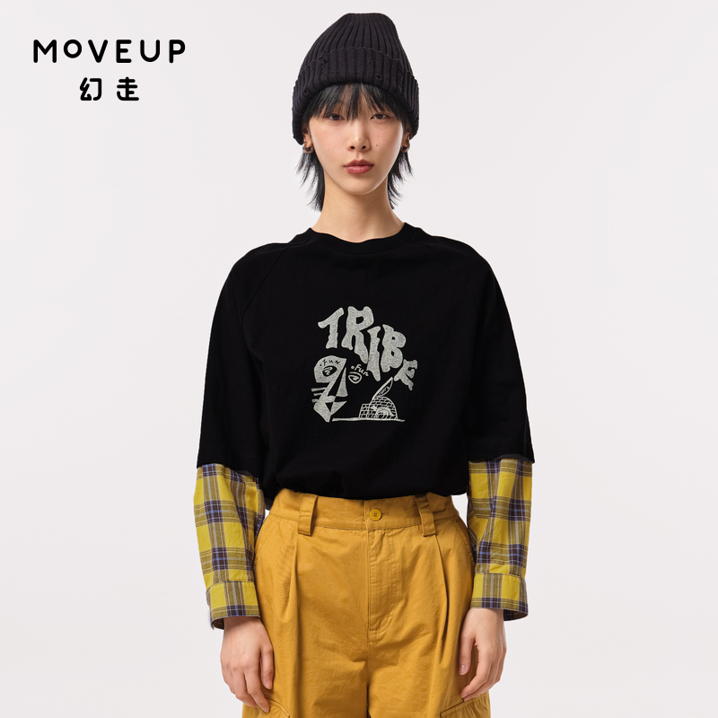 MOVEUP幻走2023秋季新款.FUN系列 撞布印花假两件设计师短款T恤女