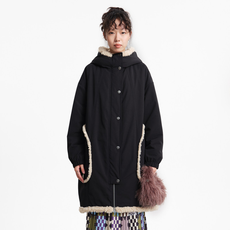 MOVEUP幻走2025冬季新款.FUN系列连帽毛绒撞布贴袋长款棉外套女,女装/女士精品,棉衣/棉服,淘宝优惠券,粉丝福利购,淘宝优惠卷