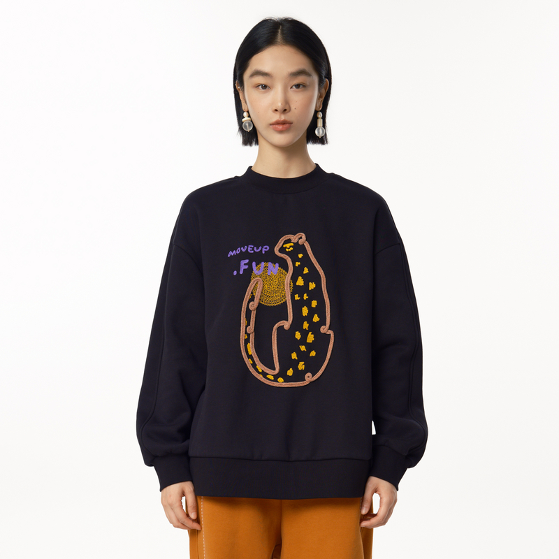 MOVEUP幻走2024冬季新款.FUN系列加绒趣味绣花设计师短款卫衣女