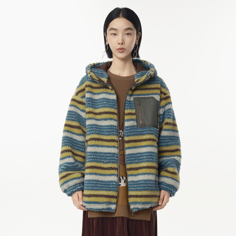 MOVEUP幻走2024冬季新款.FUN系列连帽条纹撞色口袋中长款外套女